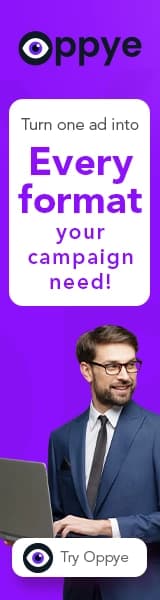 The same approved campaign, rebuilt by Oppye as a 160 × 600 Google Display wide skyscraper